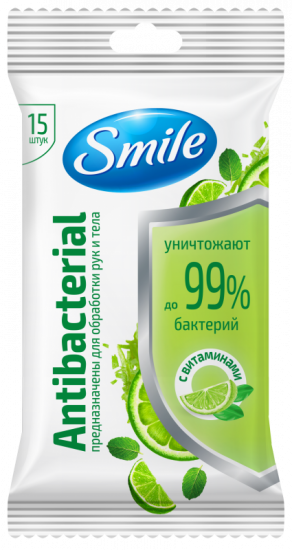 Влажные салфетки с ароматом лайма и мяты 15шт Smile Antibacterial
