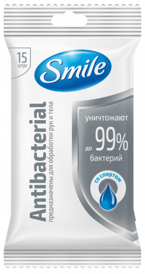 Влажные салфетки антибактериальные со спиртом 15шт Smile Antibacterial